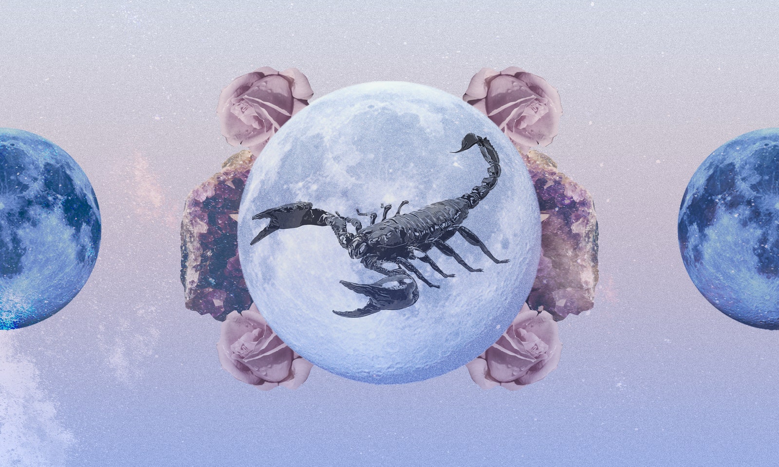 collaged image featuring a Scorpio zodiac sign's scorpion in front of gemstones and moons