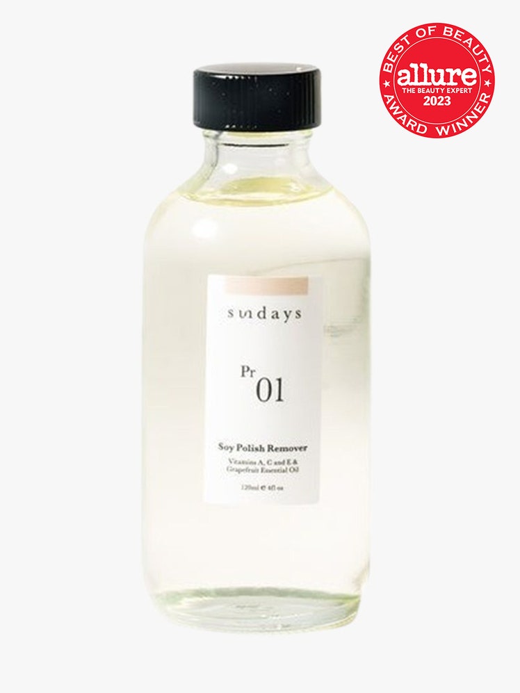 Sundays Pr. 01 Soy Polish Remover clear bottle with black top on light grey background