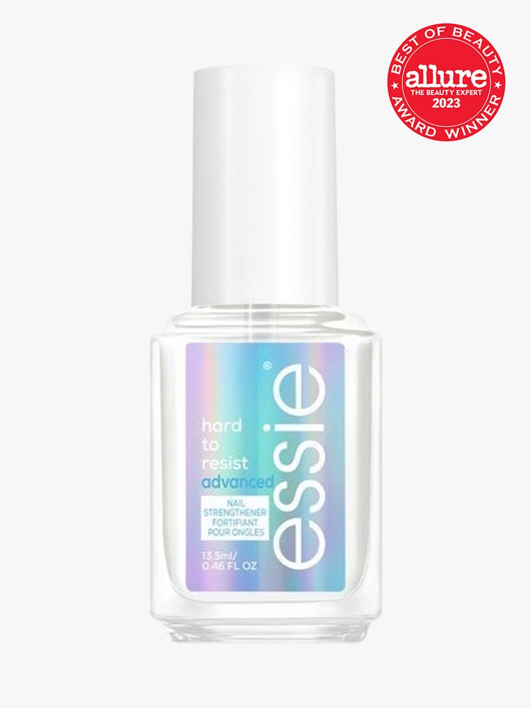 Essie Hard to Resist Advanced Nail Strengthener clear jar with white top on light grey background