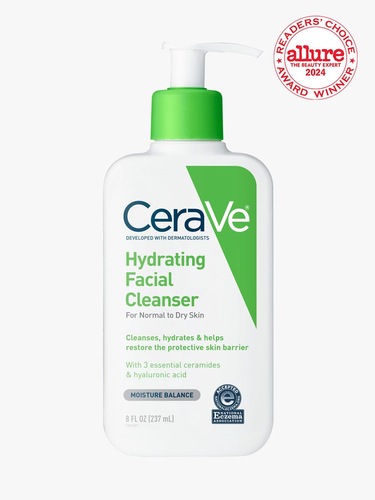 CeraVe Hydrating Facial Cleanser white and green pump bottle of cleanser on light gray background with white and red...