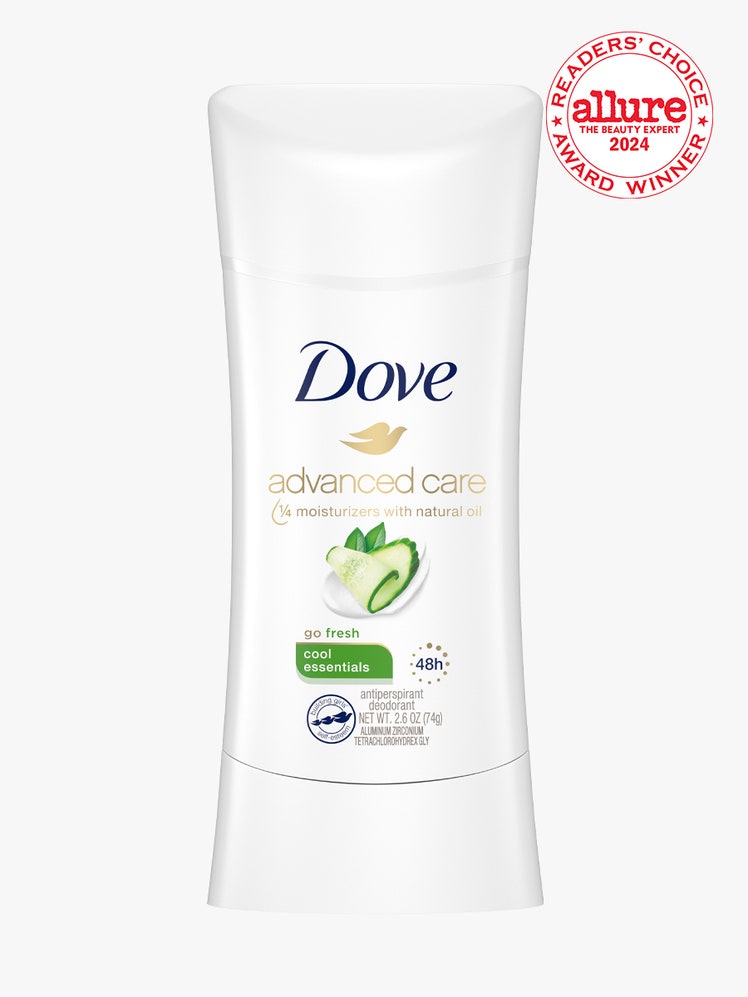 Dove Advanced Care Antiperspirant in Cool Essentials white antiperspirant stick on light gray background with white and...