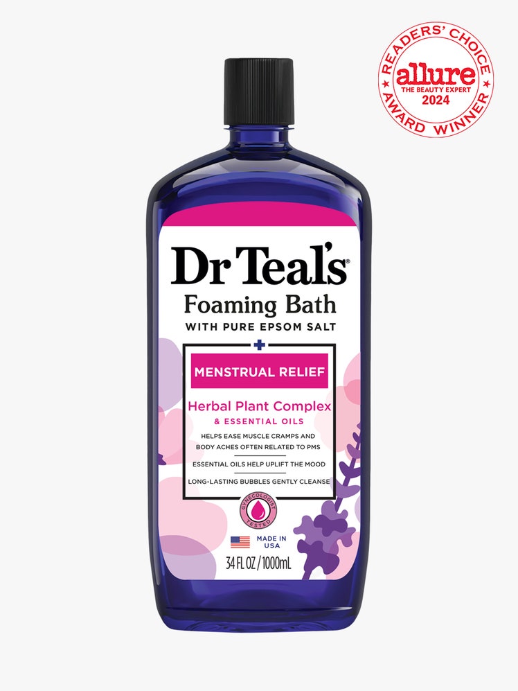 Dr Teals Foaming Bath Menstrual Relief with Herbal Plant Complex and Essential Oils blue bottle with white pink and...