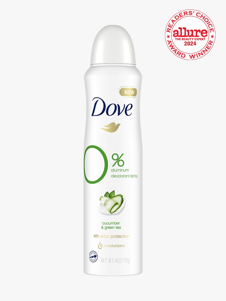 Dove 0 Aluminum Deodorant white spray canister of deodorant on light gray background with white and red Allure Readers'...