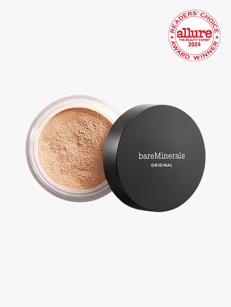 BareMinerals Original Loose Powder Foundation SPF 15 top view of a jar of loose powder foundation with black cap ajar on...