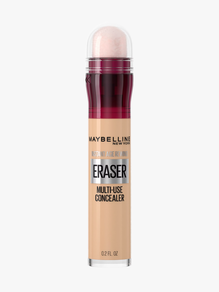 Maybelline New York Instant Age Rewind Eraser Concealer in clear and red branded applicator on light gray background