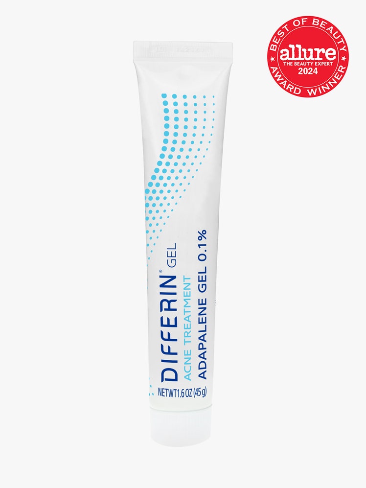 acne treatment gel in branded white tube with cap on light gray background with red and white 2024 allure best of beauty seal