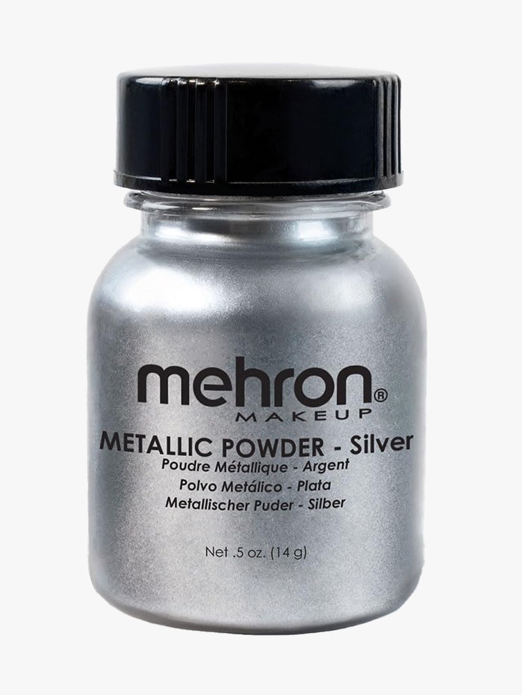 Mehron Makeup Metallic Powder silver jar with black lid on light gray background