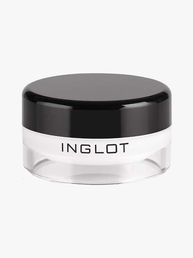 Inglot AMC Eyeliner Gel in 76 jar of white gel eyeliner with black lid on light gray background