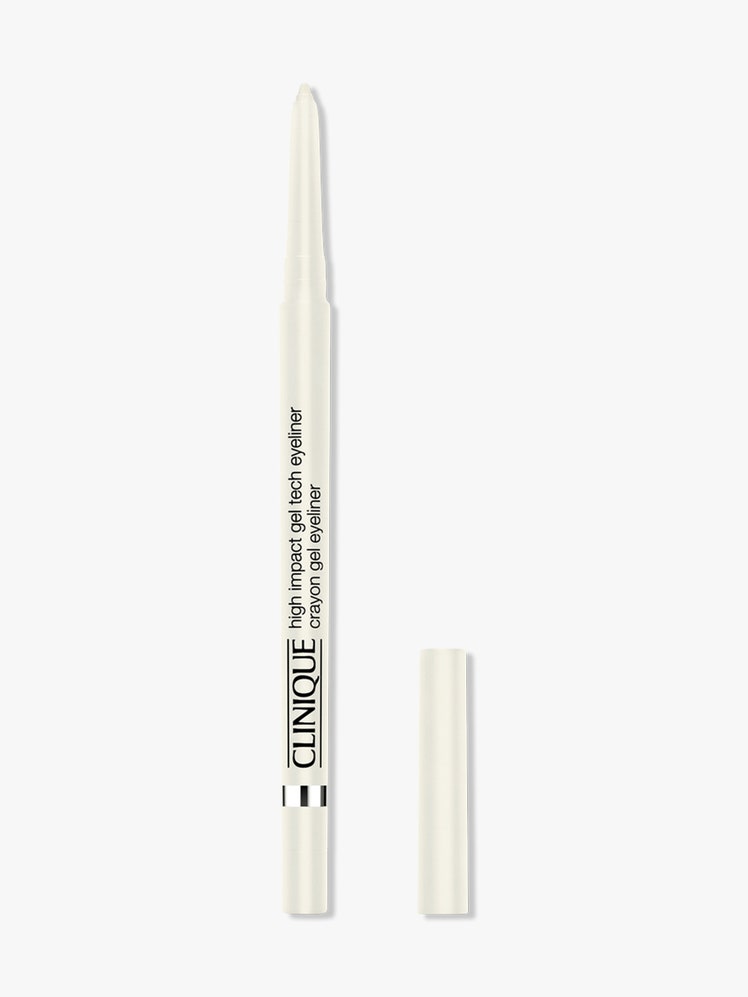 Clinique High Impact Gel Tech Eyeliner in Bright White white eyeliner pencil with cap to the side on light gray background