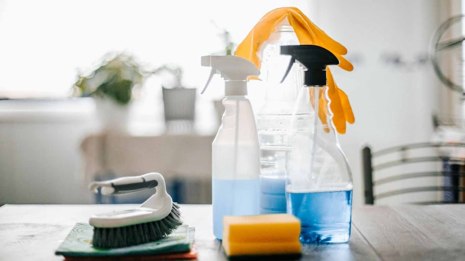 Cleaning supplies on the kitchen