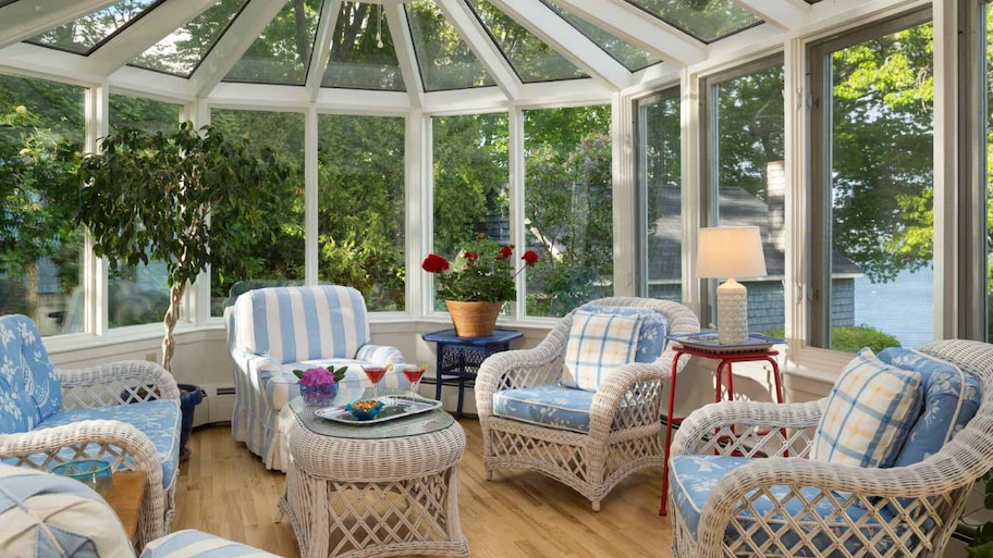 Cozy solarium with blue furniture