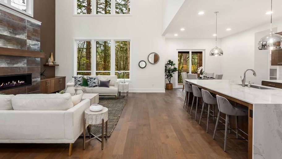 Living room and kitchen in new luxury home 