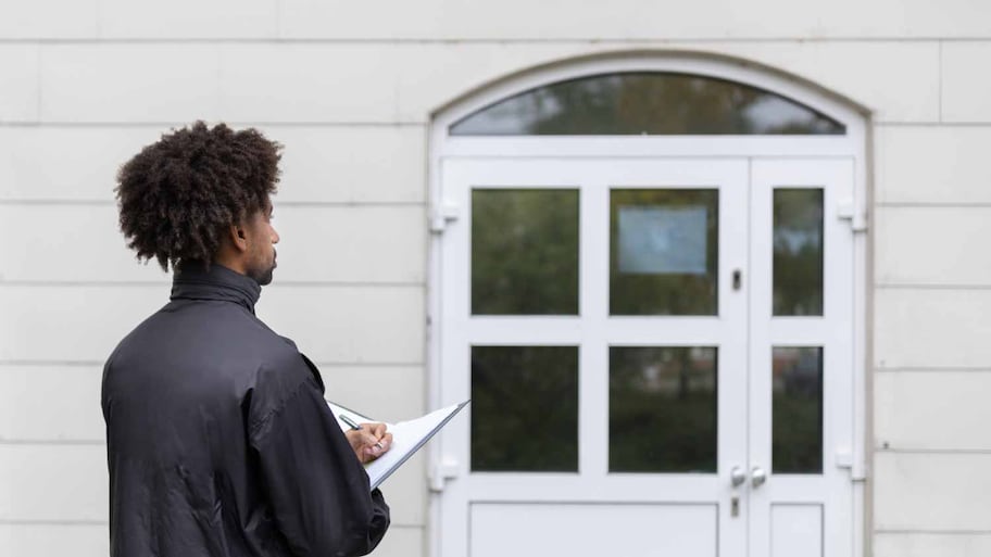 Man filling document in front of house