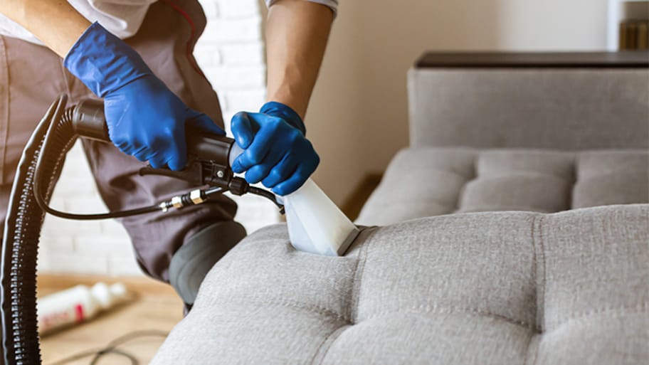 Man professionally cleaning couch upholstery