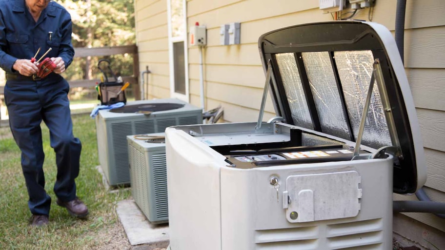 Technician checking AC unit