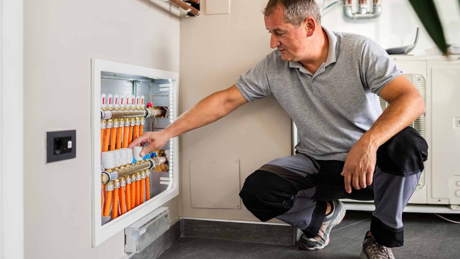 Technician checking pipes