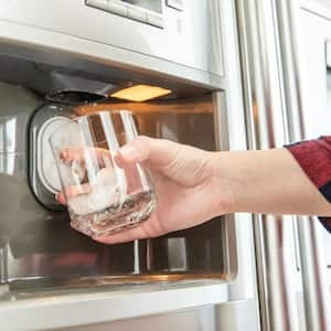 Woman's hand holds glass and uses refrigerator to make ice cubes