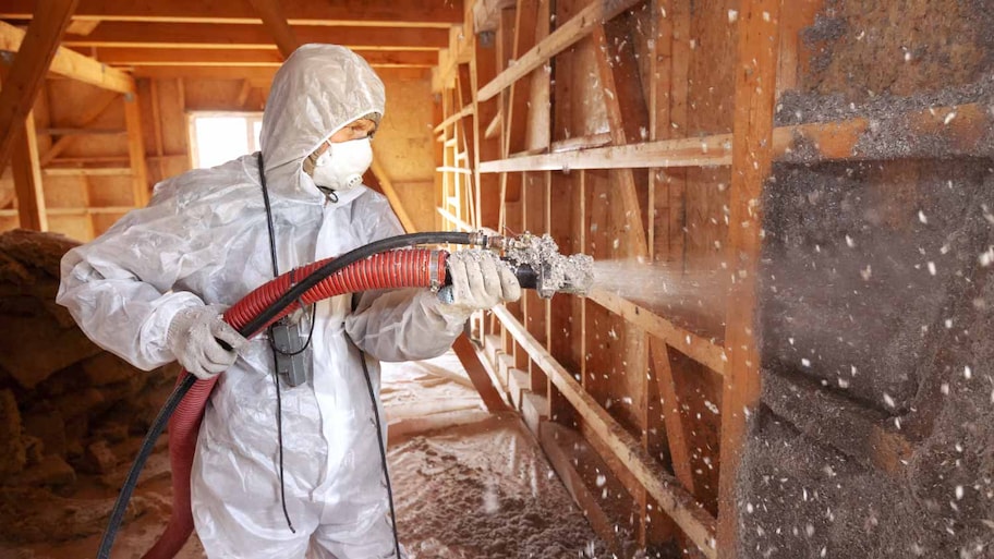 Worker spraying cellulose insulation