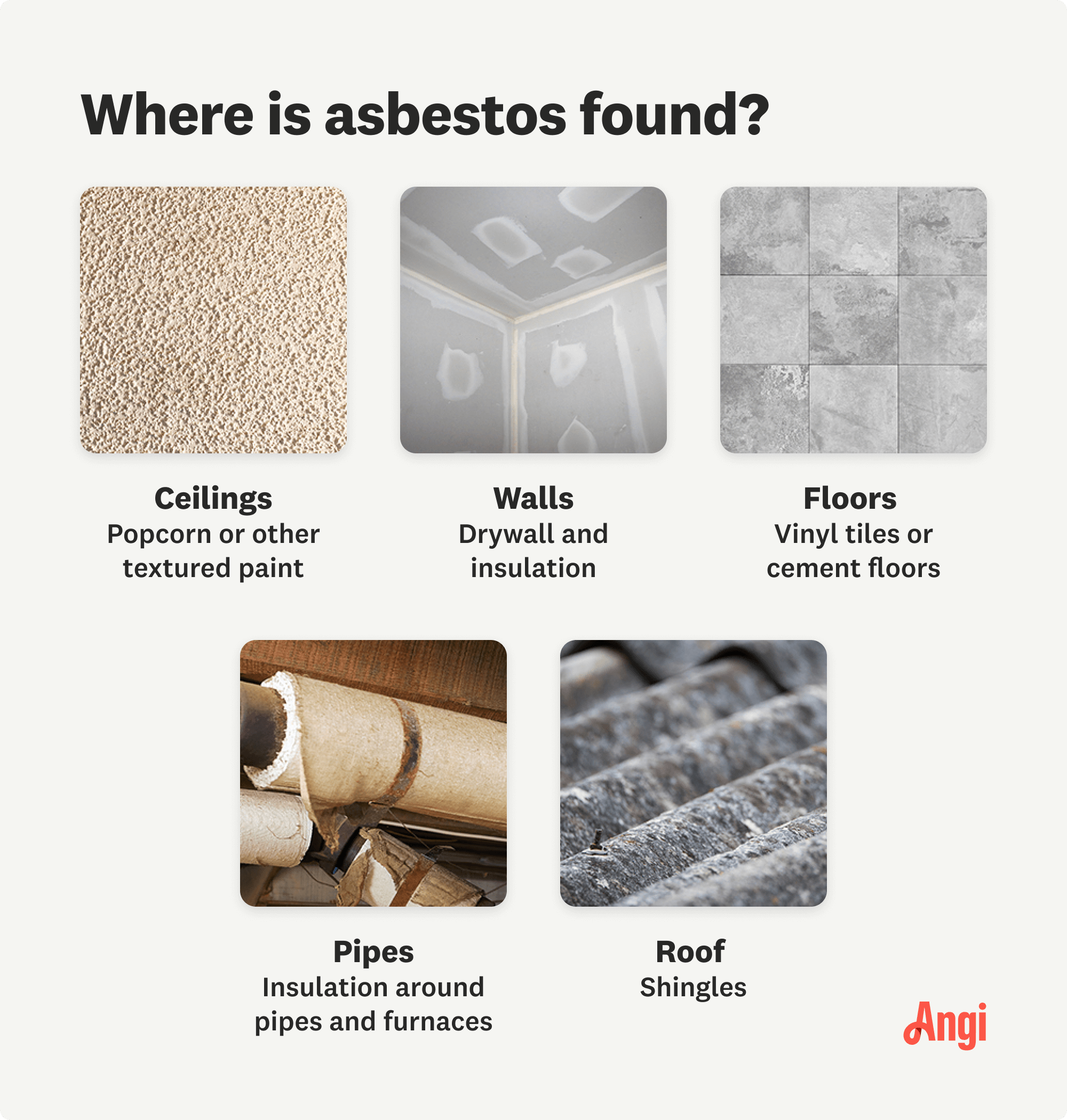 5 places in the home where asbestos can be found, including ceilings, floors, and pipes