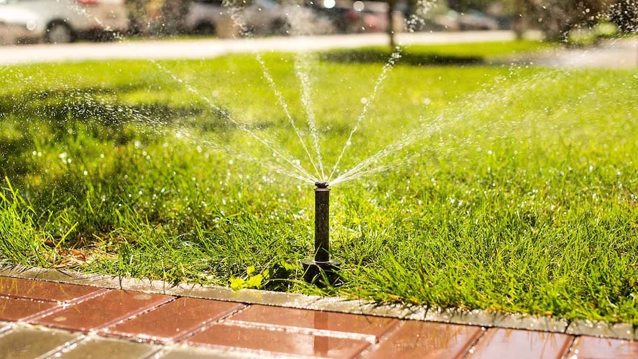 Automatic yard sprinkler installed next to walking path