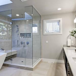 Bathroom in gray tones with heated floors