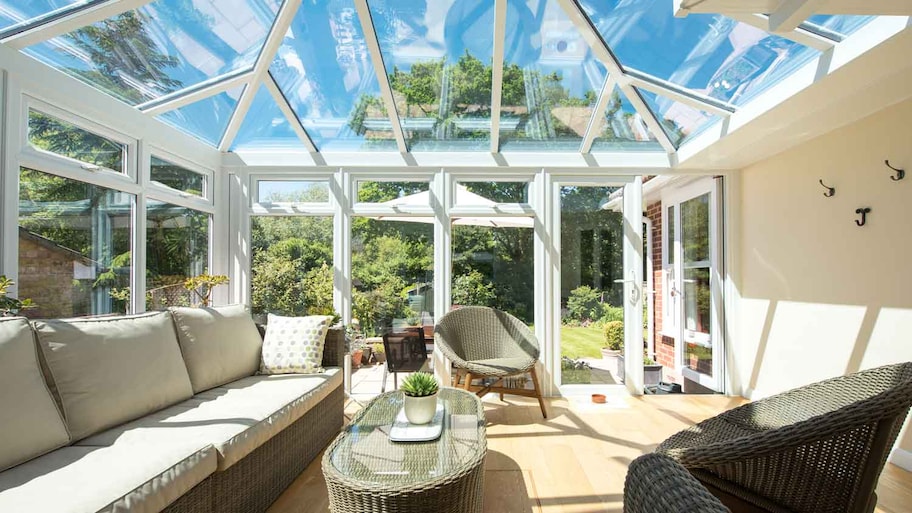 A bright solarium with a glass ceiling