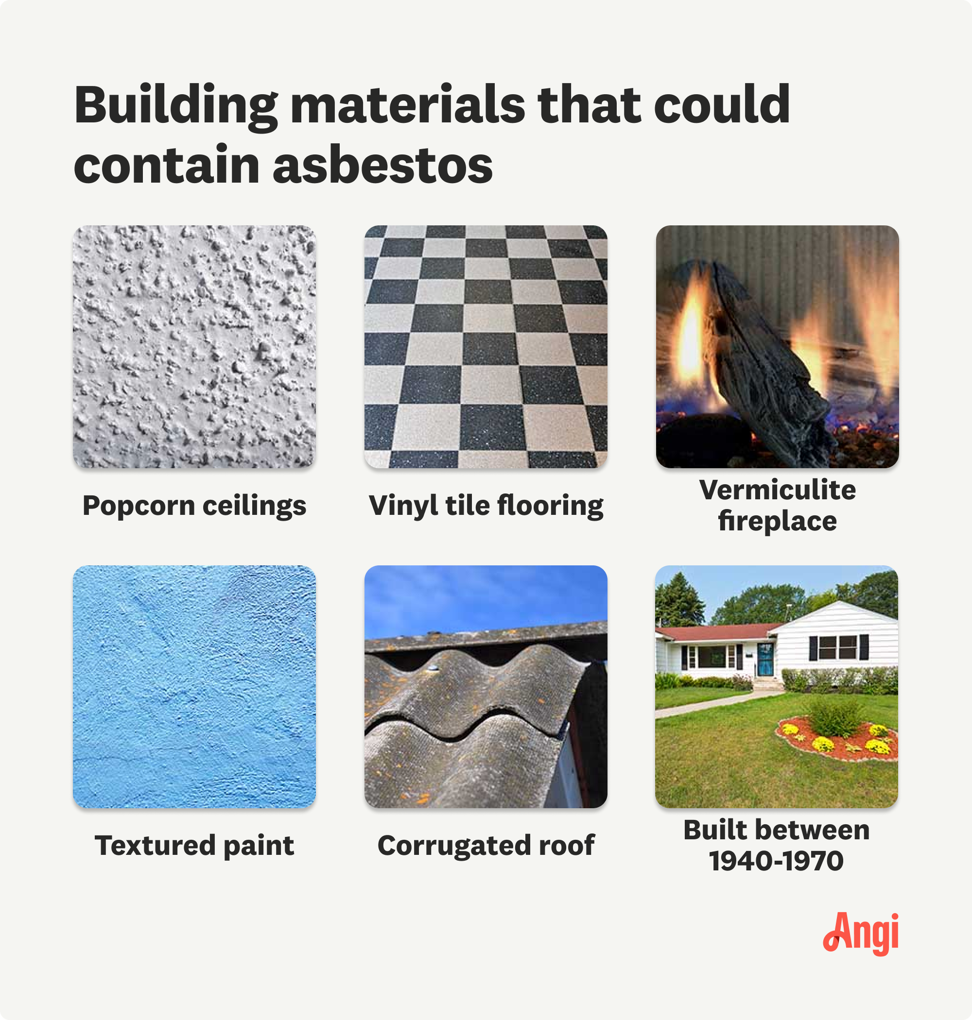 6 building materials that can contain asbestos compared visually, including popcorn ceilings and vermiculite fireplaces