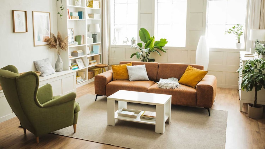 A bulky leather sofa in a living room