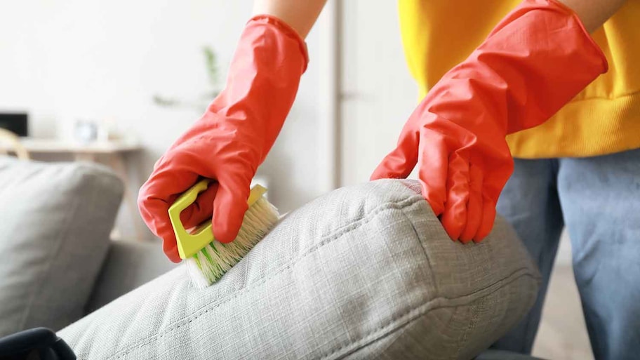 Woman using a brush to clean sofa cushions