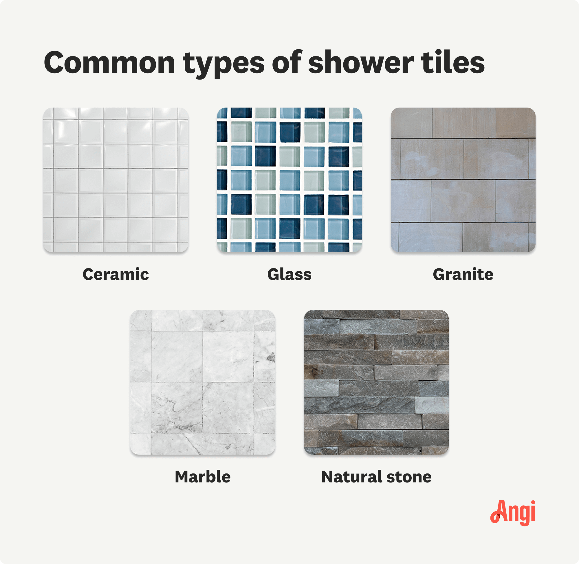 5 common types of shower tiles compared visually, including ceramic, granite, and natural stone