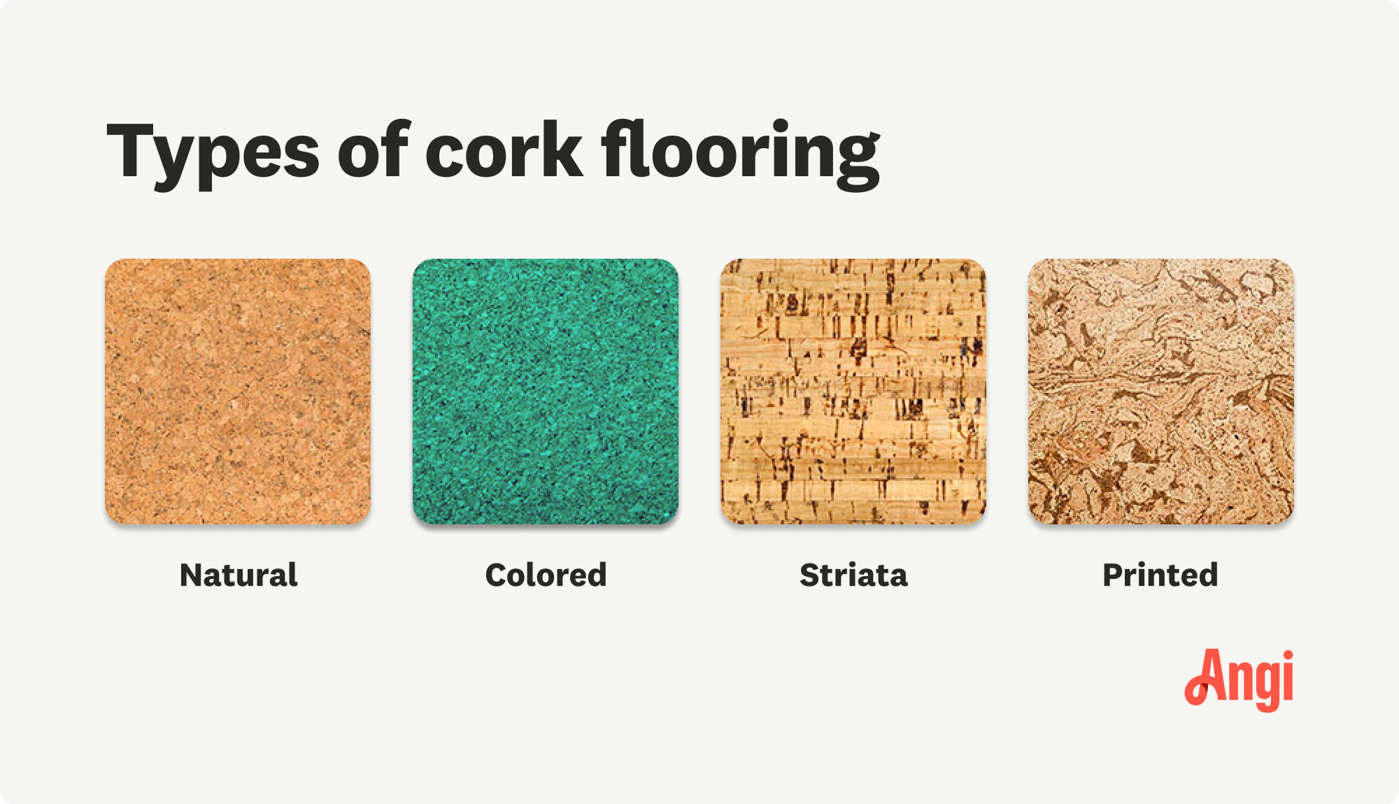 4 types of cork flooring, including natural, striata, and printed