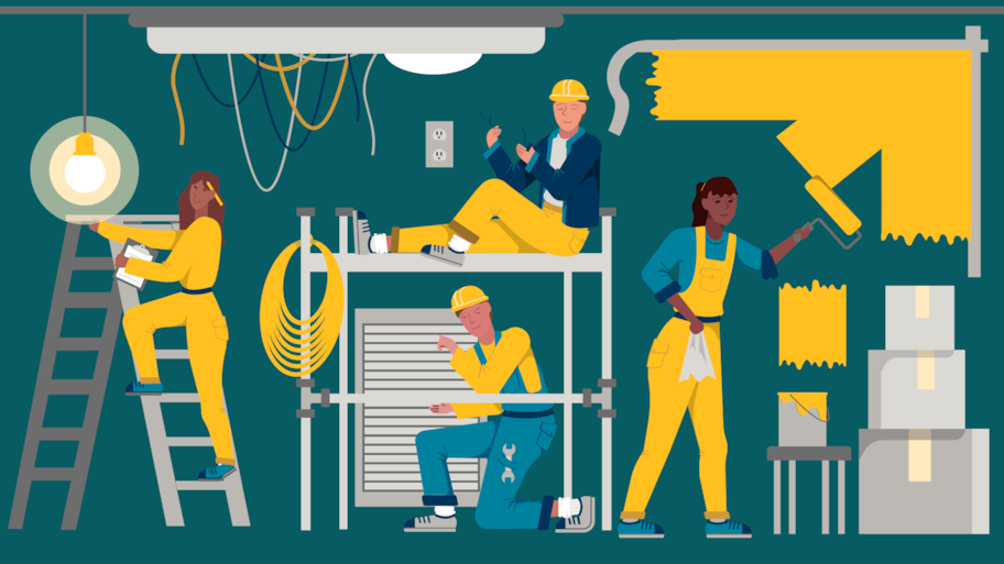 Four illustrated home service pros in yellow & teal safety gear are busy with electrical, painting, and air vent installation tasks in a tool-filled room.