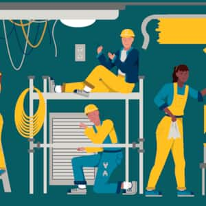 Four illustrated home service pros in yellow & teal safety gear are busy with electrical, painting, and air vent installation tasks in a tool-filled room.