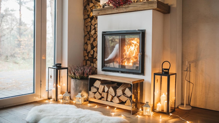 A cozy fireplace burning during the winter