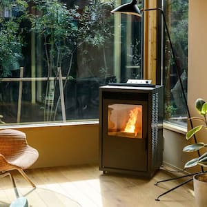 Pellet stove installed in the corner of a living room