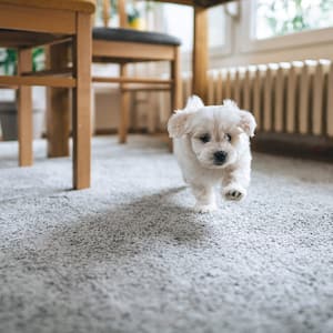 White dog on gray carpet in home