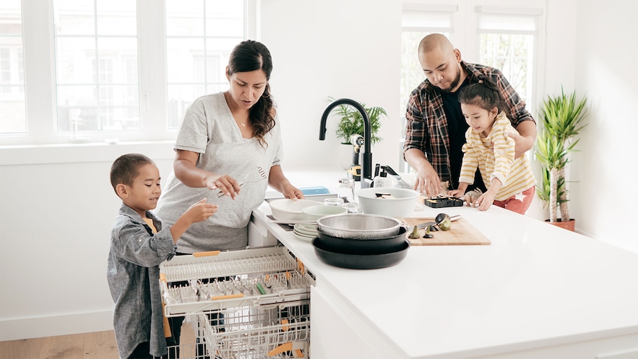 A family uses a dishwasher