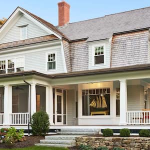 Modern farmhouse style home with chimney