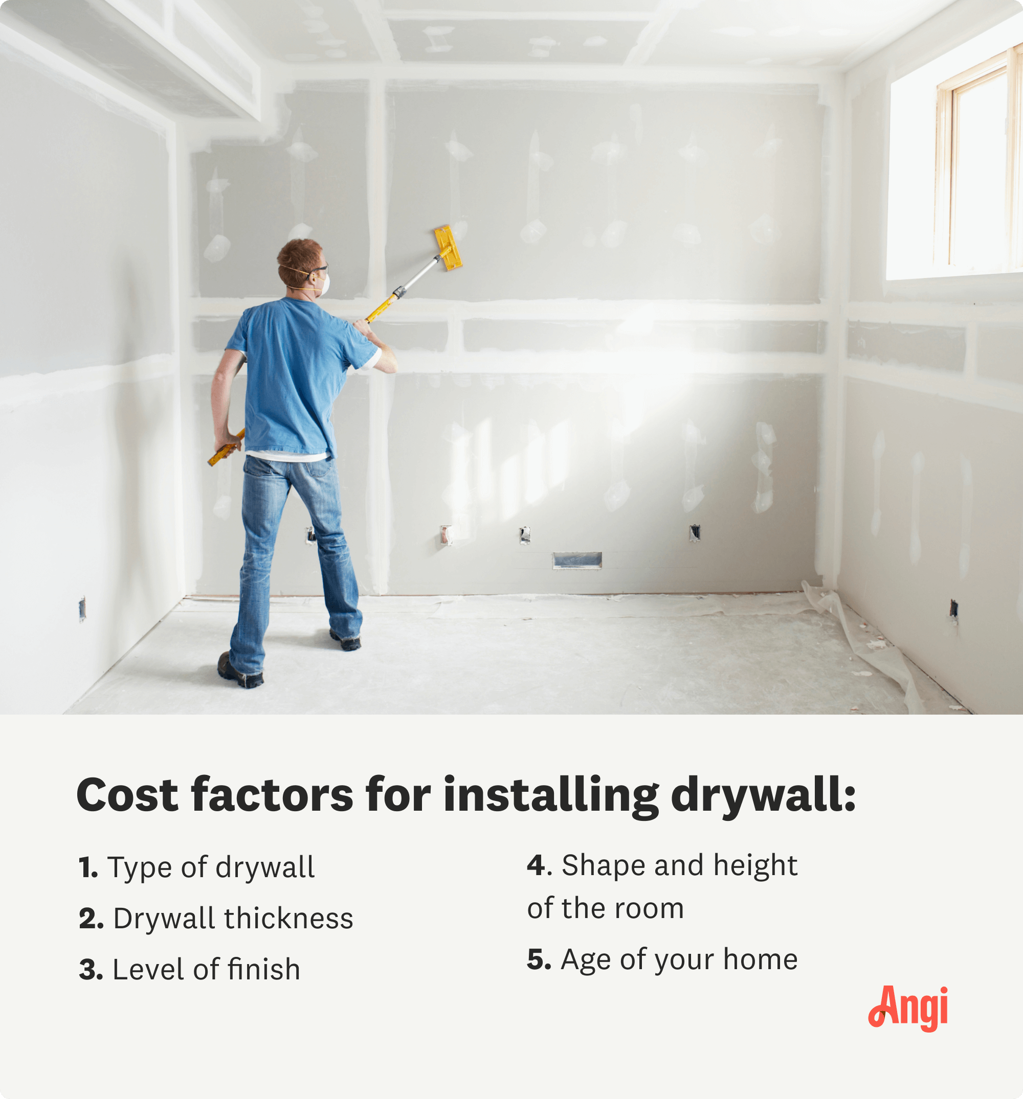 5 cost factors for installing drywall, including type, thickness, and level of finish desired