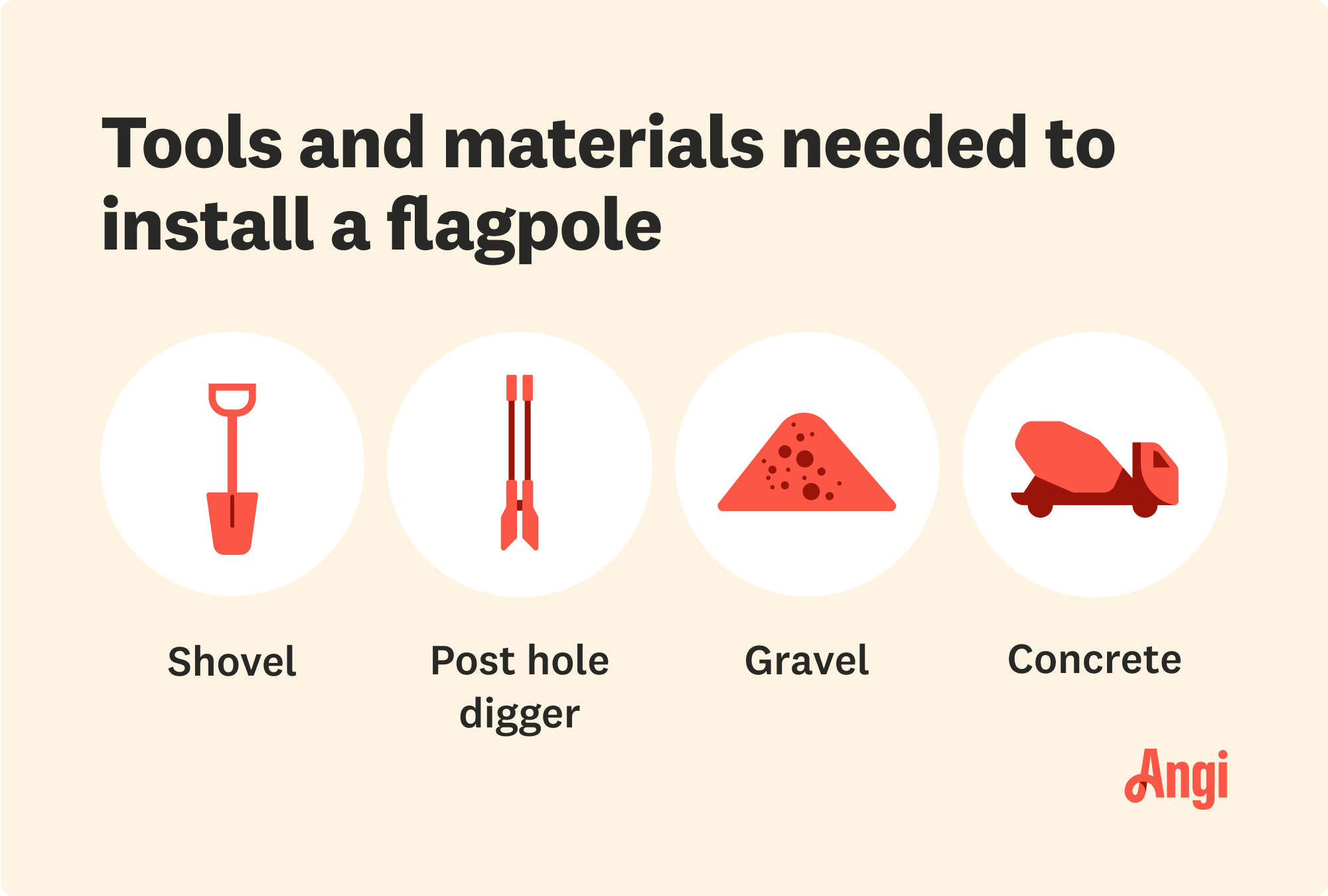 4 tools and materials needed to install a flagpole, including a shovel, gravel, and concrete