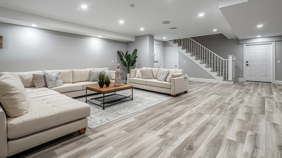 fully furnished living room in basement