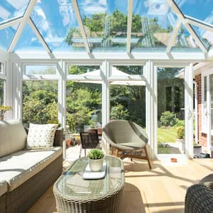 A general interior view of a white conservatory