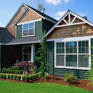 Striking green siding with cedar shake on small house