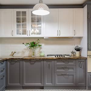 Modern grey and white wooden kitchen interior