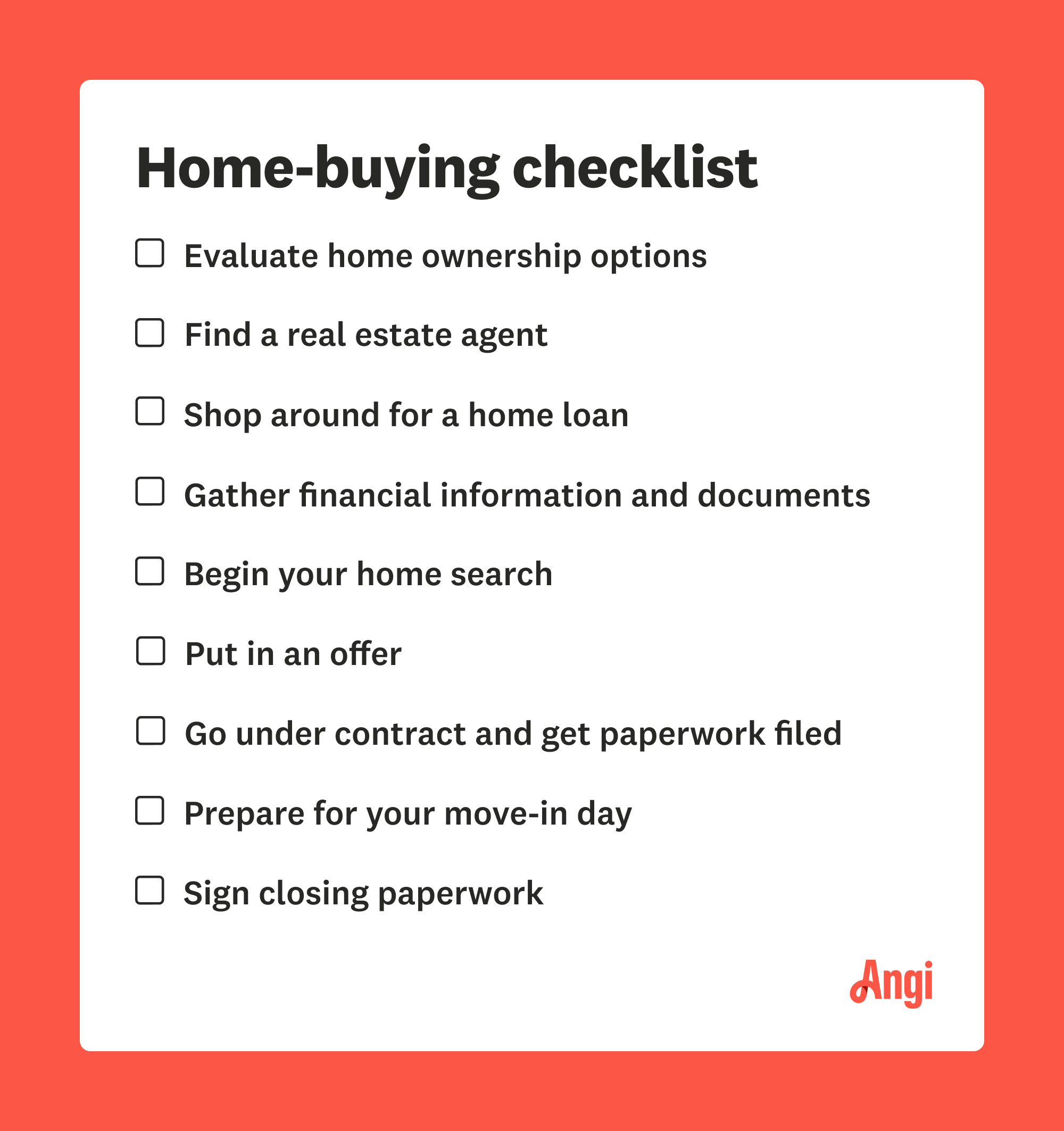 Alt text: Home buying checklist, including finding a real estate agent and beginning your home search