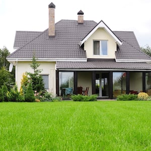 house with beautiful green grass in backyard