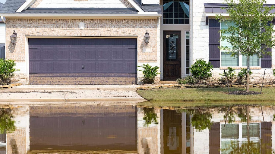 House with flooded yard and flood line visible