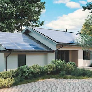 single story house with solar panels on roof