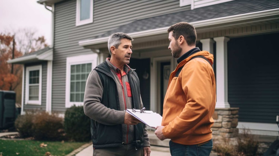 home inspector talking to homeowner outside