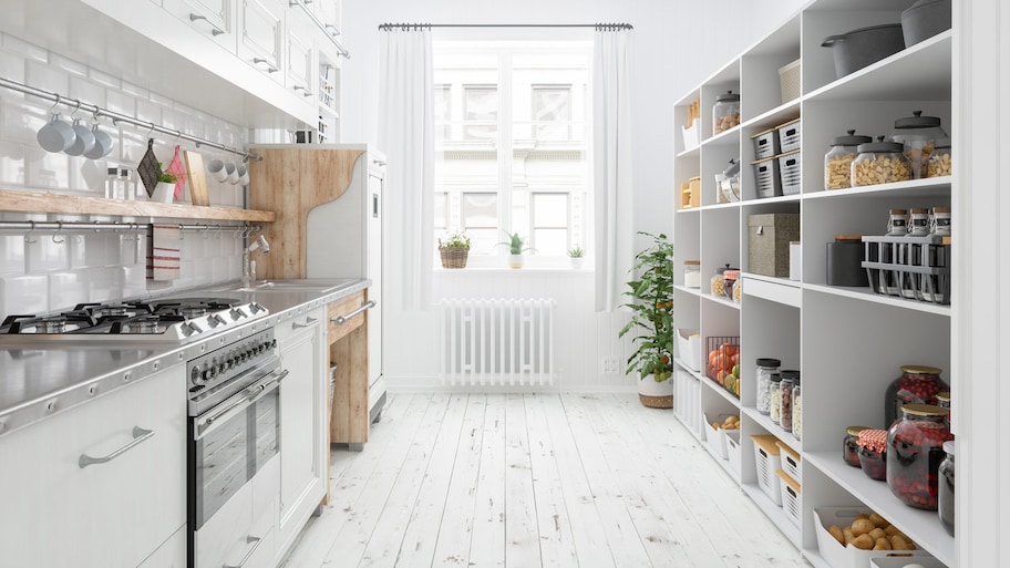 The interior of a bright organized kitchen